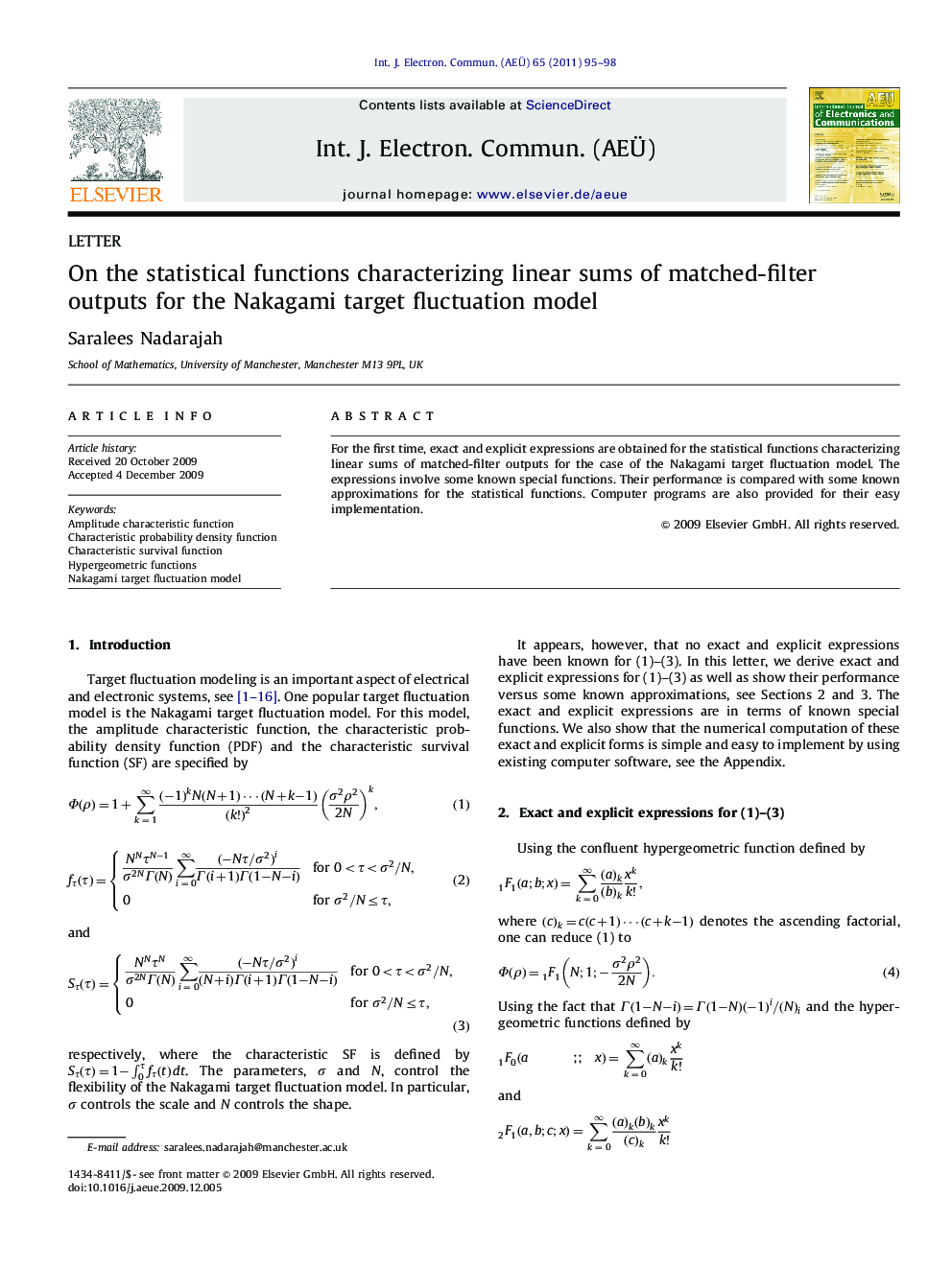 On the statistical functions characterizing linear sums of matched-filter outputs for the Nakagami target fluctuation model