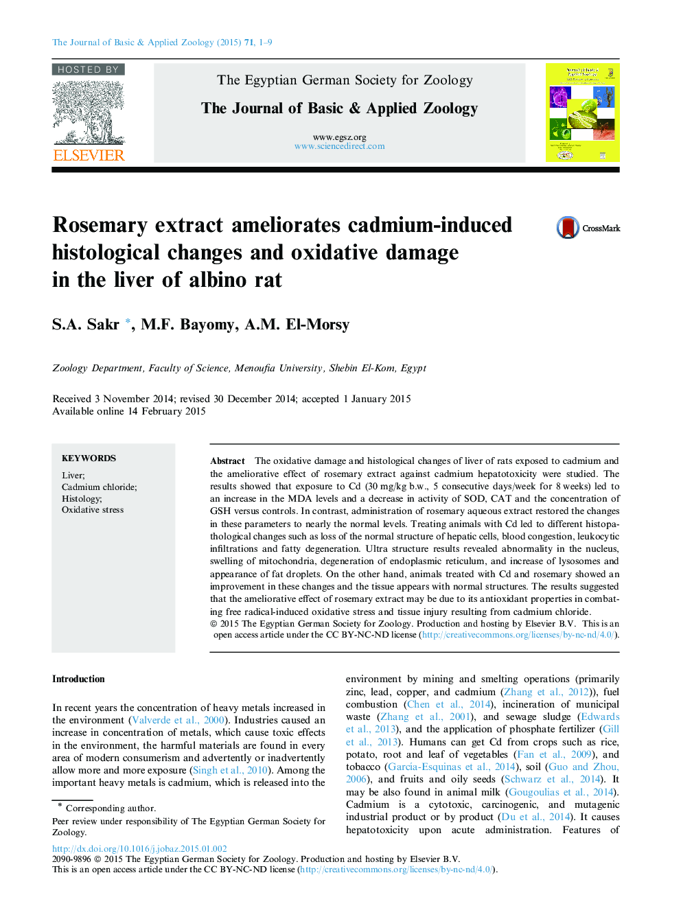 Rosemary extract ameliorates cadmium-induced histological changes and oxidative damage in the liver of albino rat 