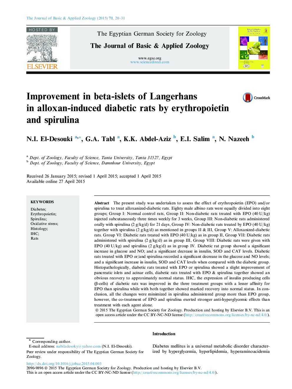 Improvement in beta-islets of Langerhans in alloxan-induced diabetic rats by erythropoietin and spirulina 