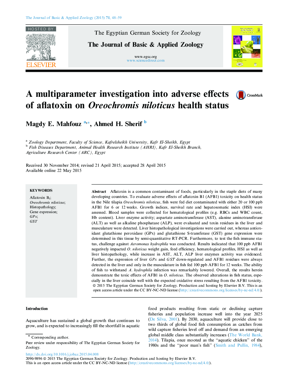 A multiparameter investigation into adverse effects of aflatoxin on Oreochromis niloticus health status 