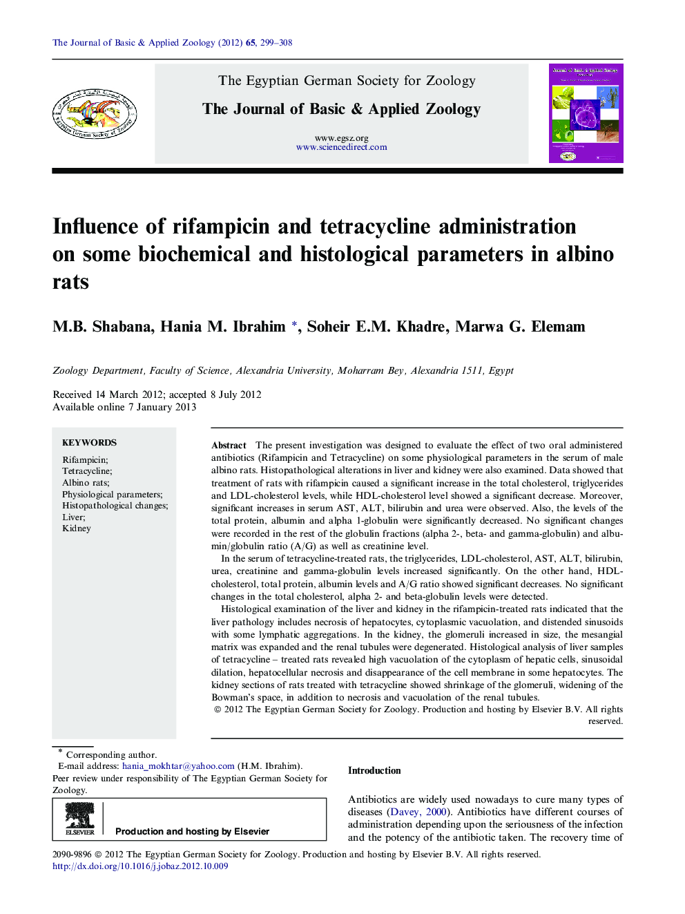 Influence of rifampicin and tetracycline administration on some biochemical and histological parameters in albino rats 