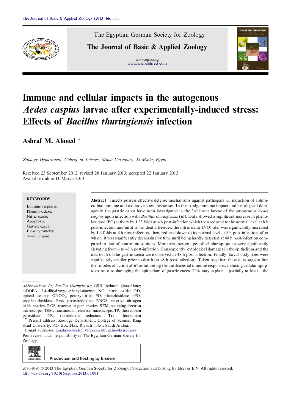 Immune and cellular impacts in the autogenous Aedes caspius larvae after experimentally-induced stress: Effects of Bacillus thuringiensis infection 