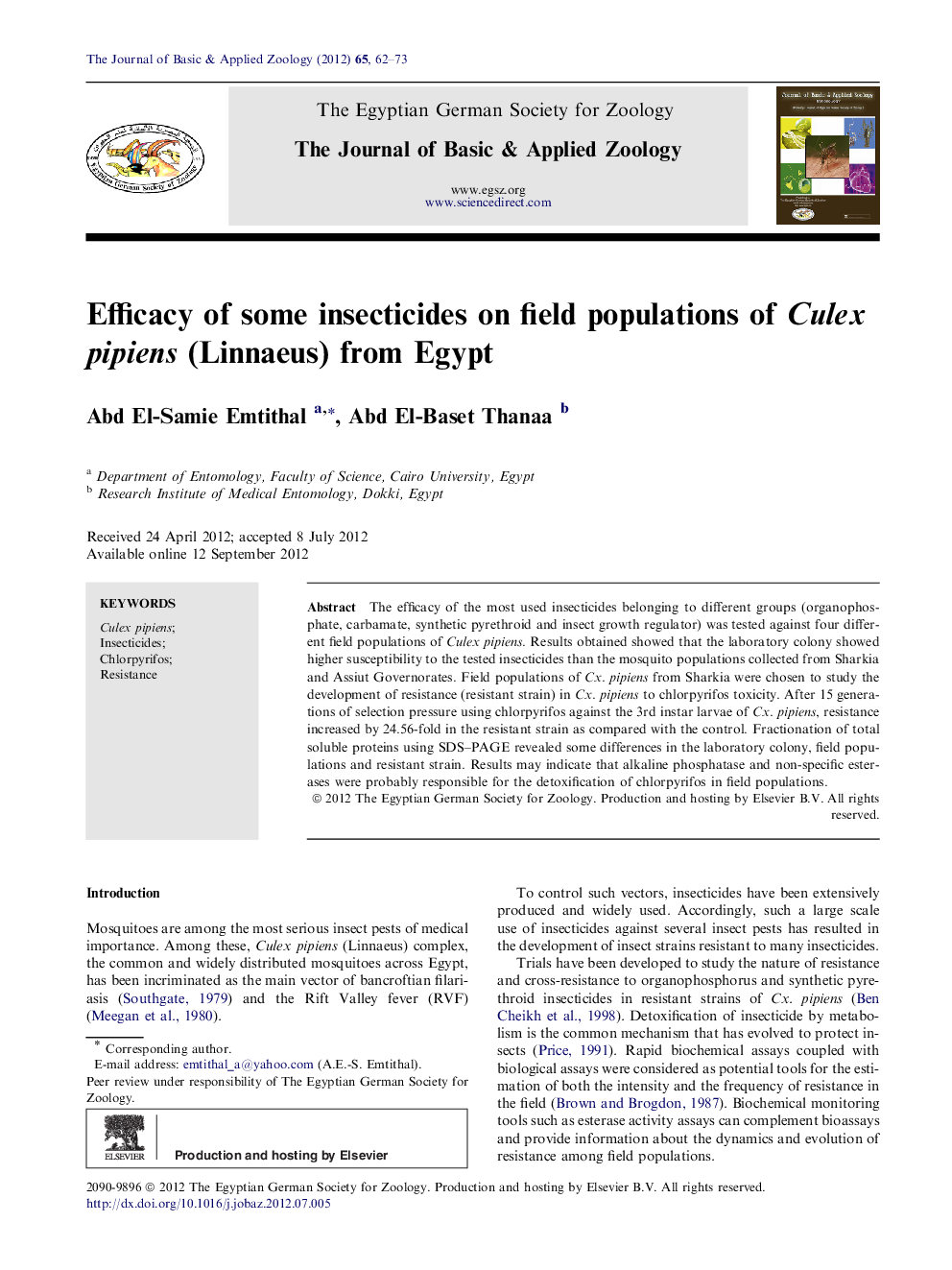 Efficacy of some insecticides on field populations of Culex pipiens (Linnaeus) from Egypt 