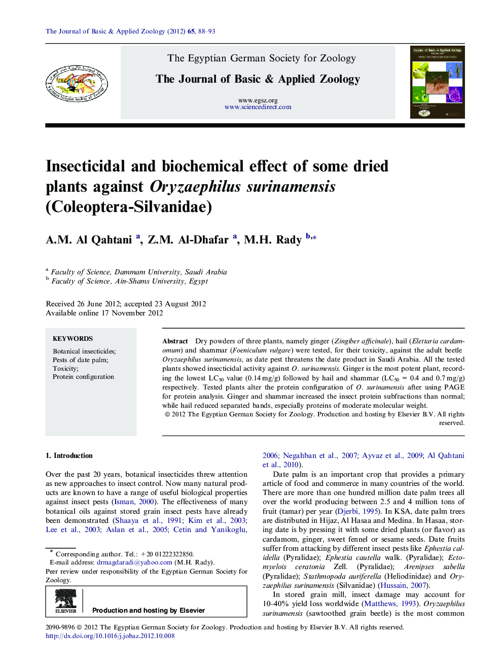 Insecticidal and biochemical effect of some dried plants against Oryzaephilus surinamensis (Coleoptera-Silvanidae) 