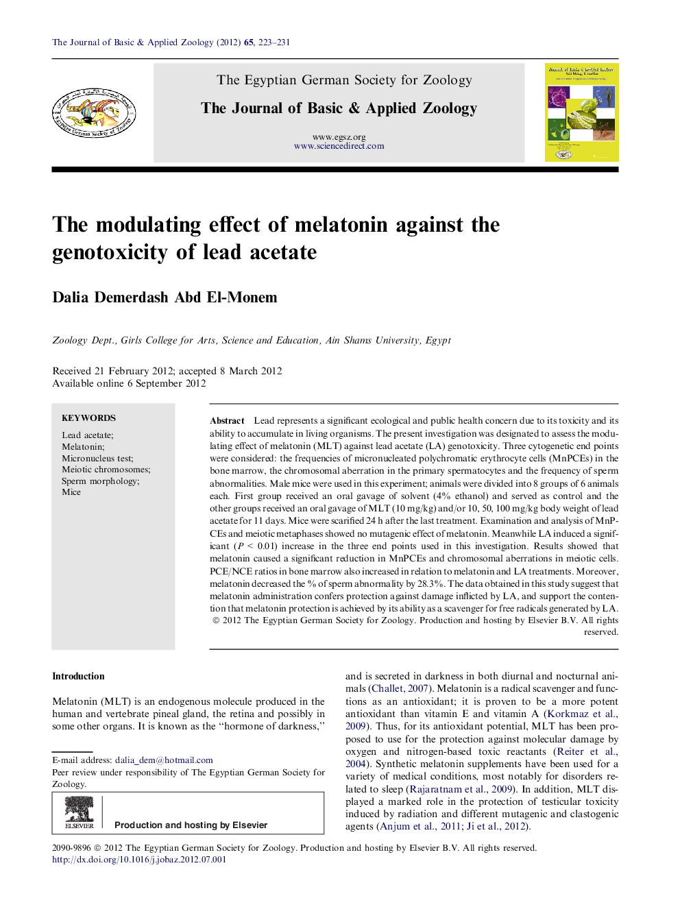 The modulating effect of melatonin against the genotoxicity of lead acetate 