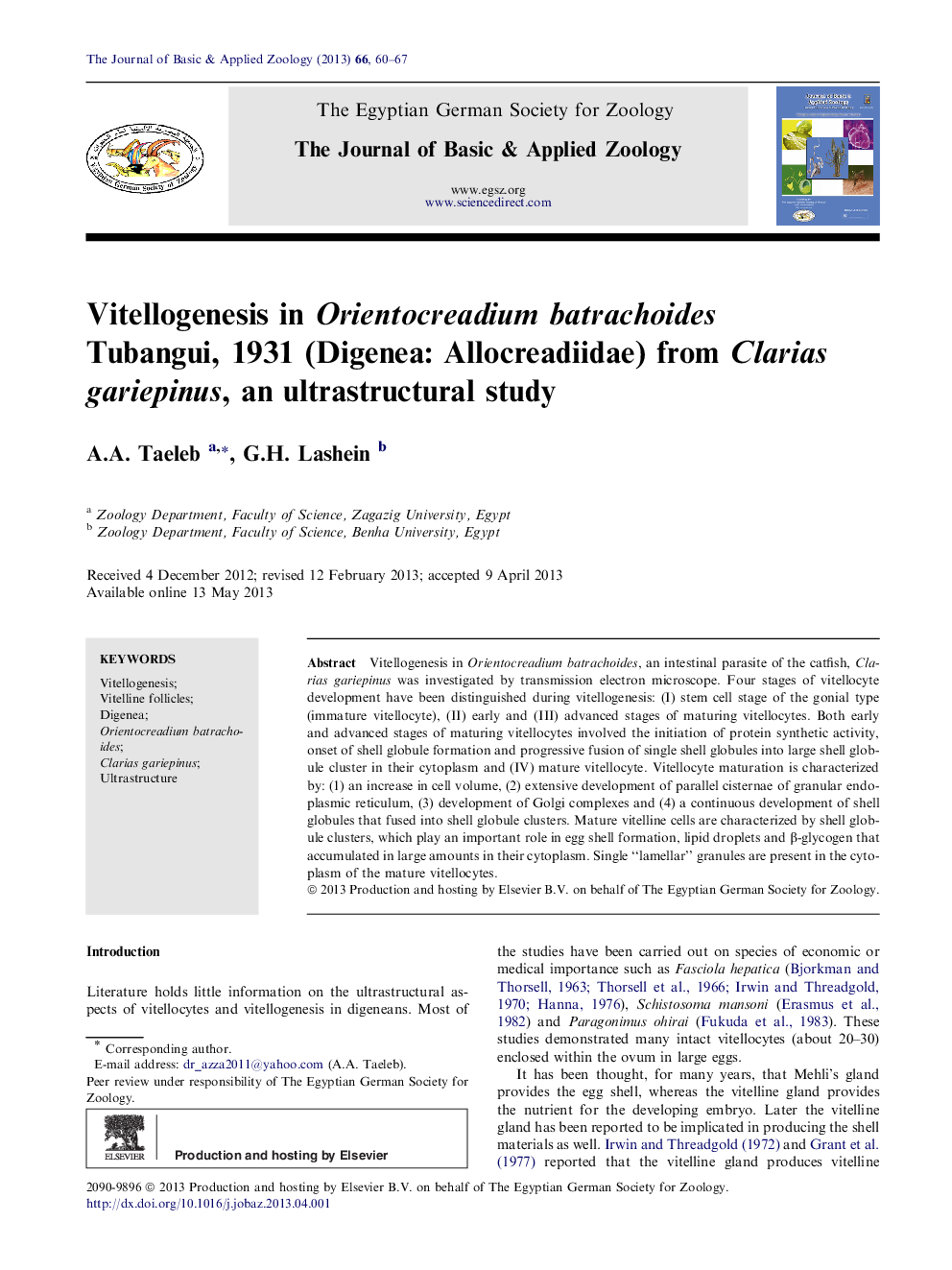 Vitellogenesis in Orientocreadium batrachoides Tubangui, 1931 (Digenea: Allocreadiidae) from Clarias gariepinus, an ultrastructural study 