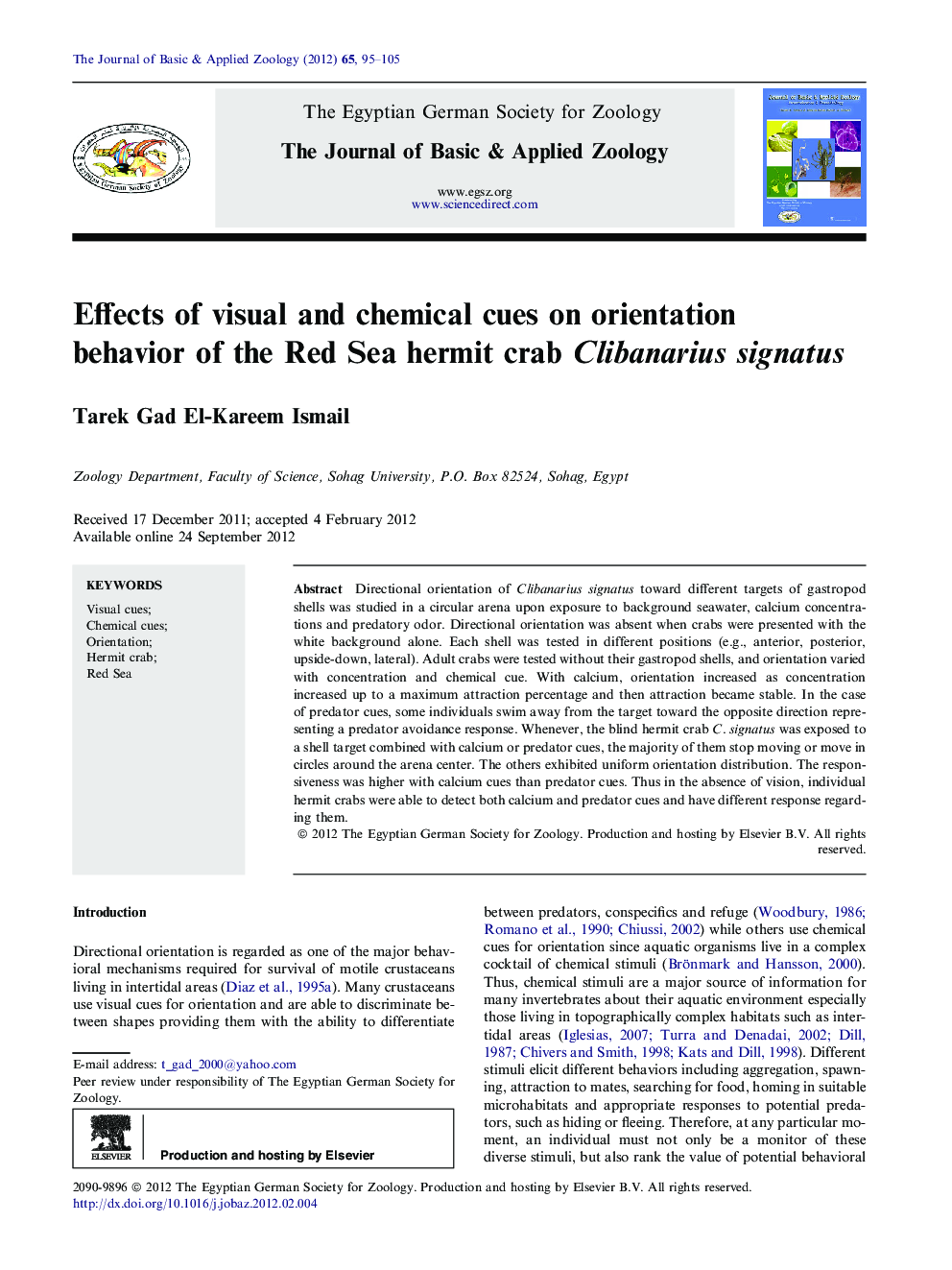 Effects of visual and chemical cues on orientation behavior of the Red Sea hermit crab Clibanarius signatus 