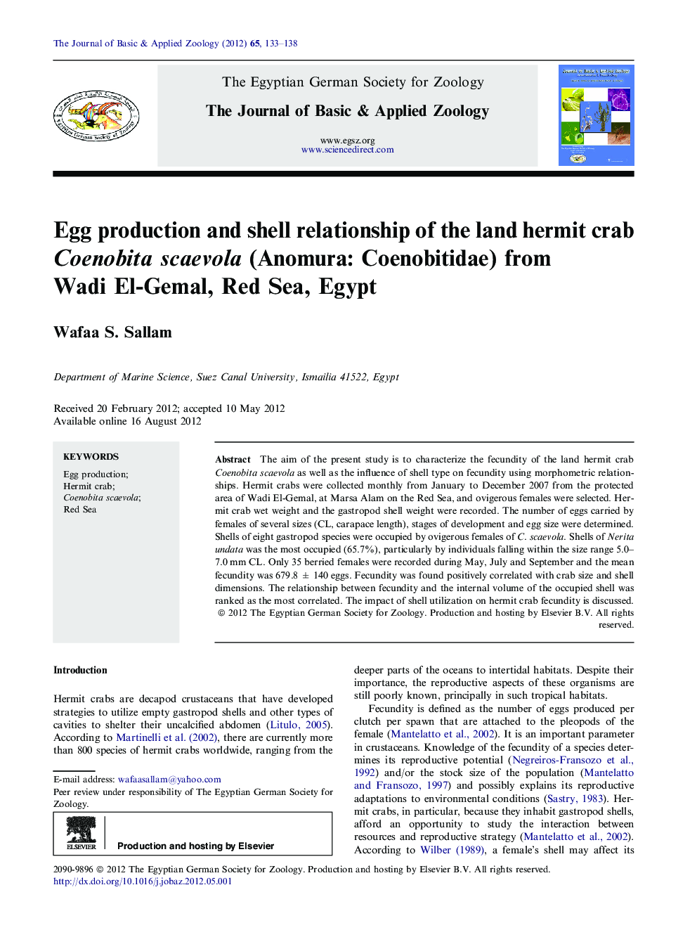 Egg production and shell relationship of the land hermit crab Coenobita scaevola (Anomura: Coenobitidae) from Wadi El-Gemal, Red Sea, Egypt 