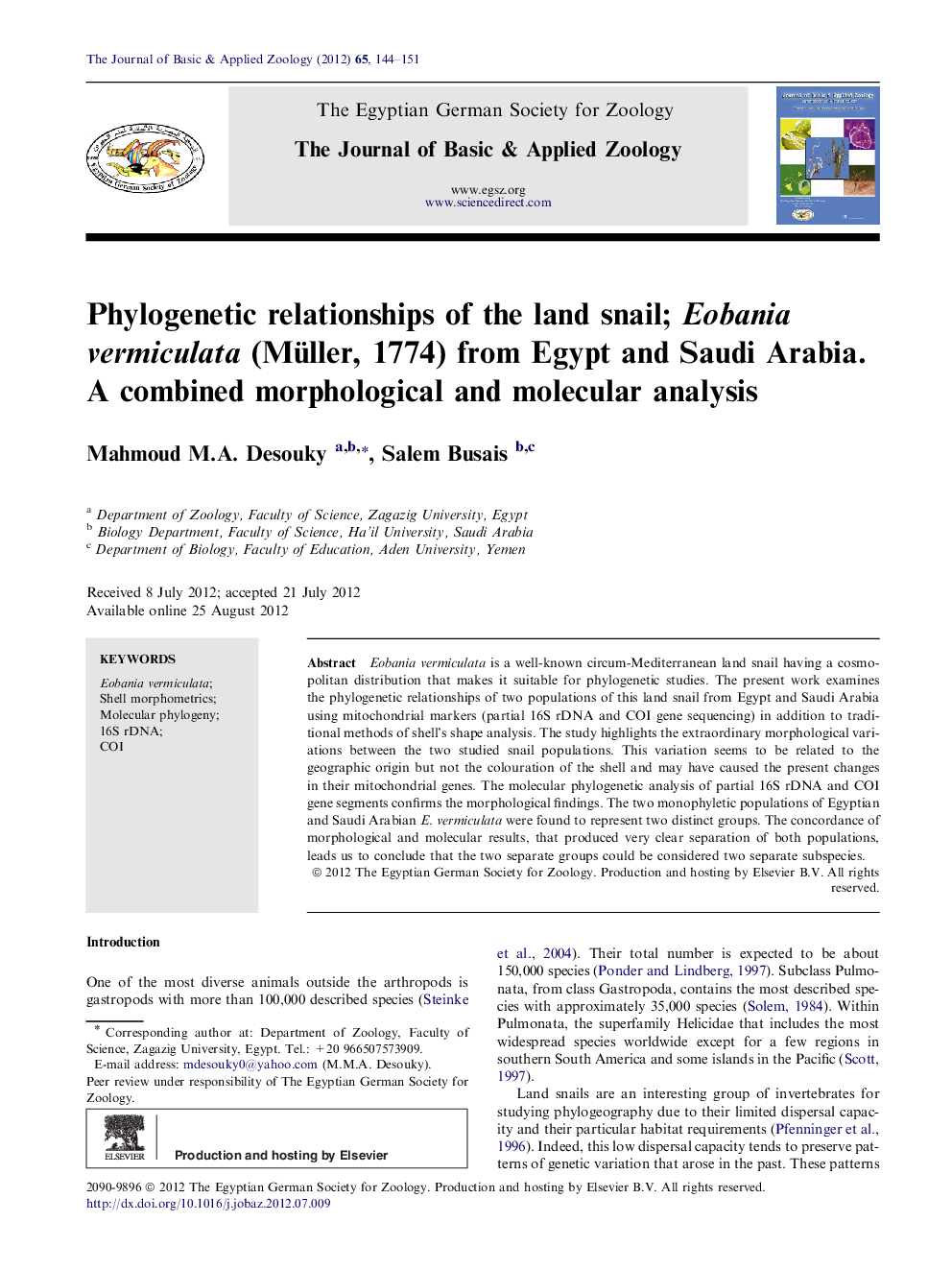 Phylogenetic relationships of the land snail; Eobania vermiculata (Müller, 1774) from Egypt and Saudi Arabia. A combined morphological and molecular analysis 