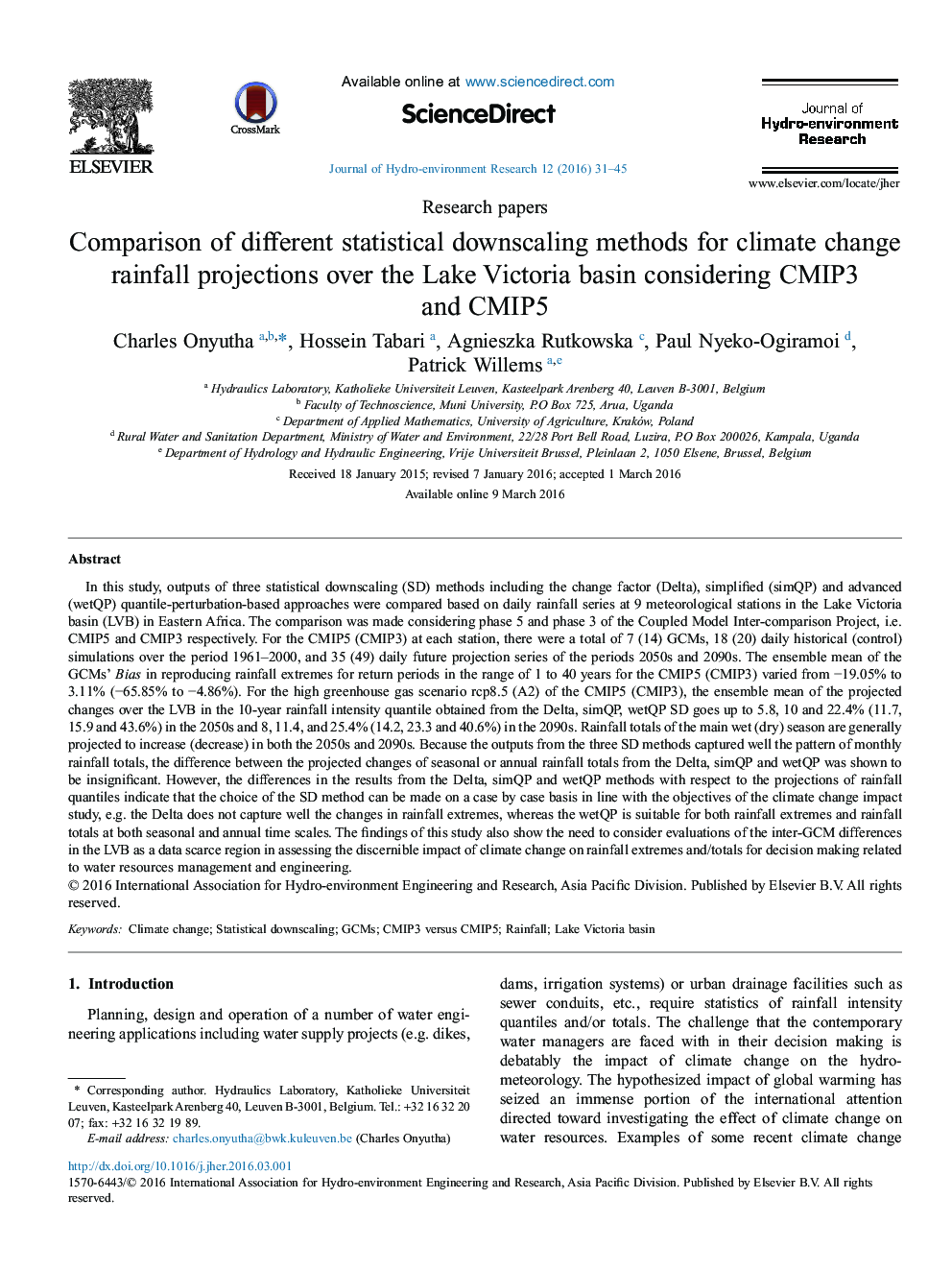 Comparison of different statistical downscaling methods for climate change rainfall projections over the Lake Victoria basin considering CMIP3 and CMIP5