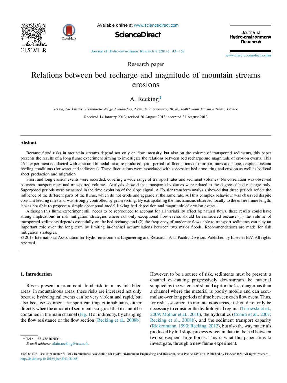 Relations between bed recharge and magnitude of mountain streams erosions