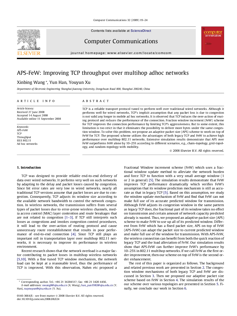 APS-FeW: Improving TCP throughput over multihop adhoc networks