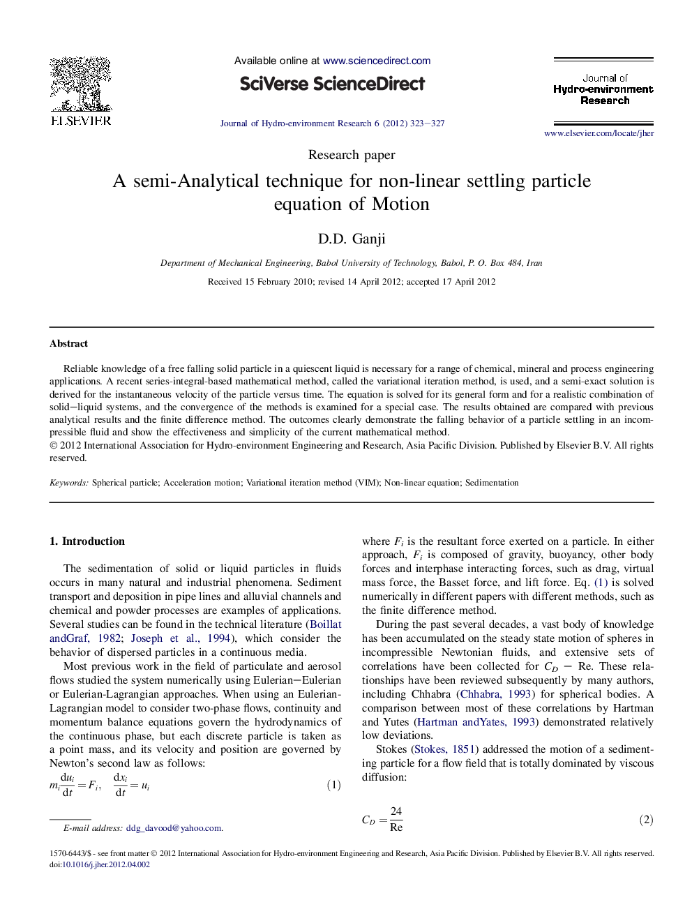 A semi-Analytical technique for non-linear settling particle equation of Motion