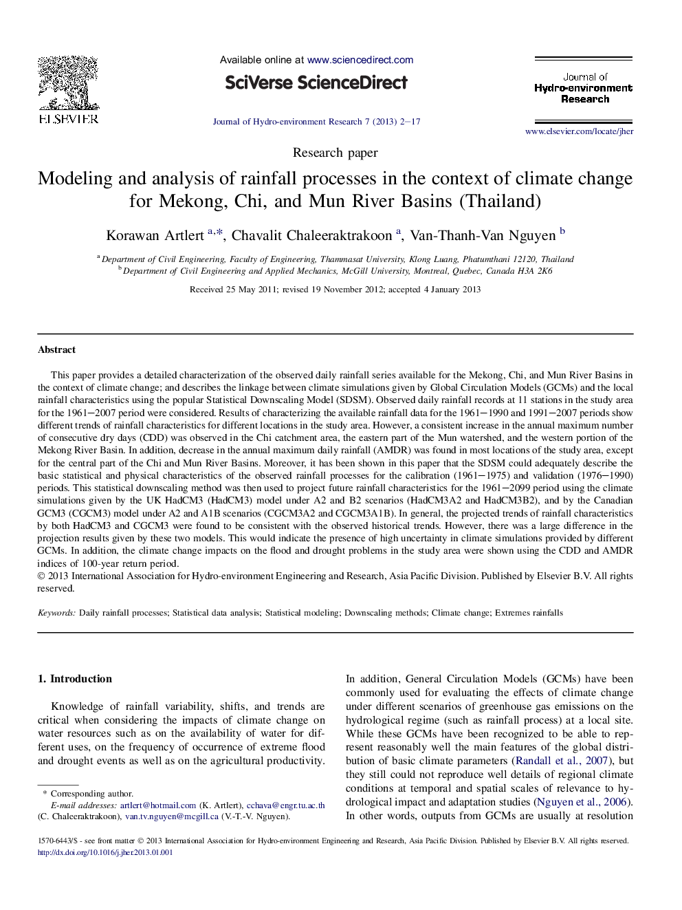 Modeling and analysis of rainfall processes in the context of climate change for Mekong, Chi, and Mun River Basins (Thailand)