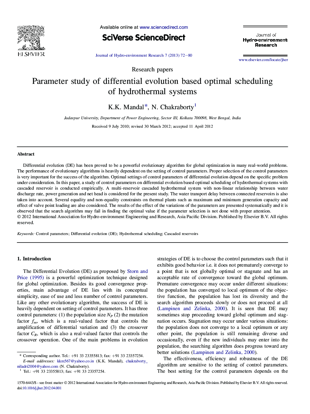 Parameter study of differential evolution based optimal scheduling of hydrothermal systems