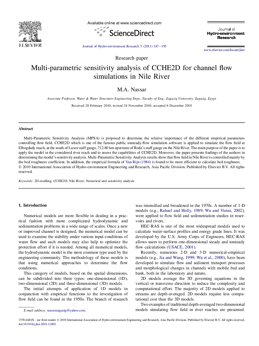 Multi-parametric sensitivity analysis of CCHE2D for channel flow simulations in Nile River