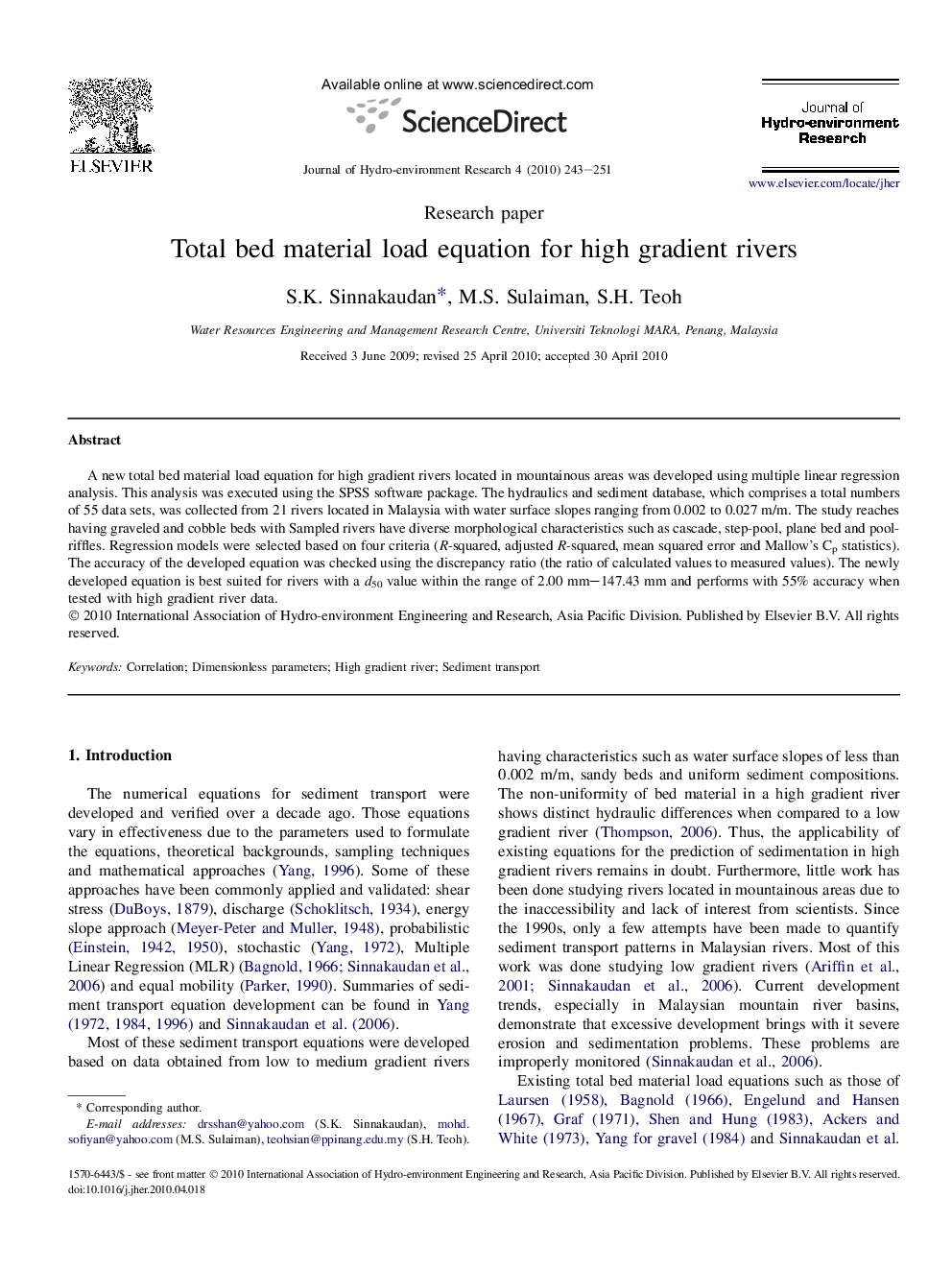 Total bed material load equation for high gradient rivers