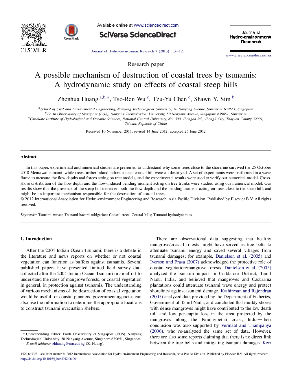 A possible mechanism of destruction of coastal trees by tsunamis: A hydrodynamic study on effects of coastal steep hills