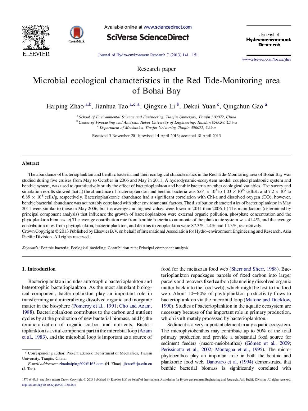 Microbial ecological characteristics in the Red Tide-Monitoring area of Bohai Bay