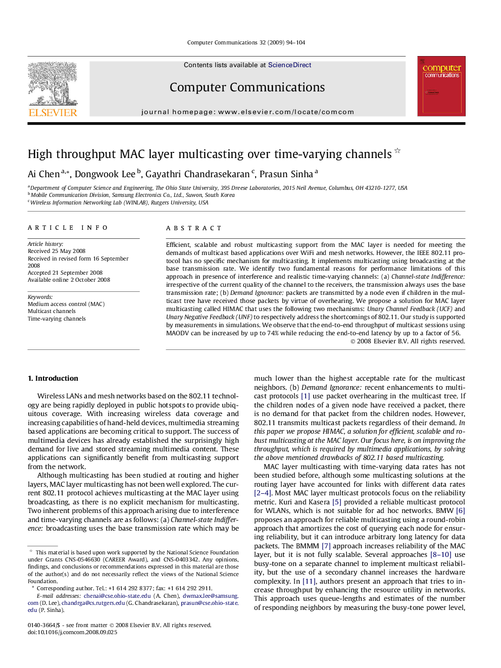 High throughput MAC layer multicasting over time-varying channels 