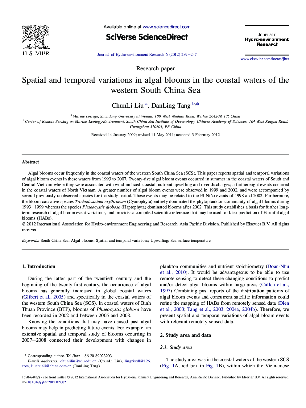 Spatial and temporal variations in algal blooms in the coastal waters of the western South China Sea