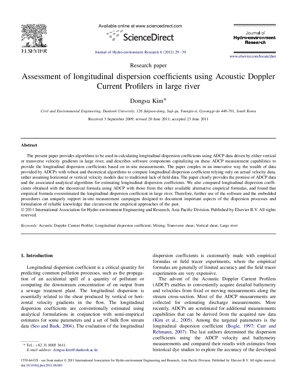 Assessment of longitudinal dispersion coefficients using Acoustic Doppler Current Profilers in large river