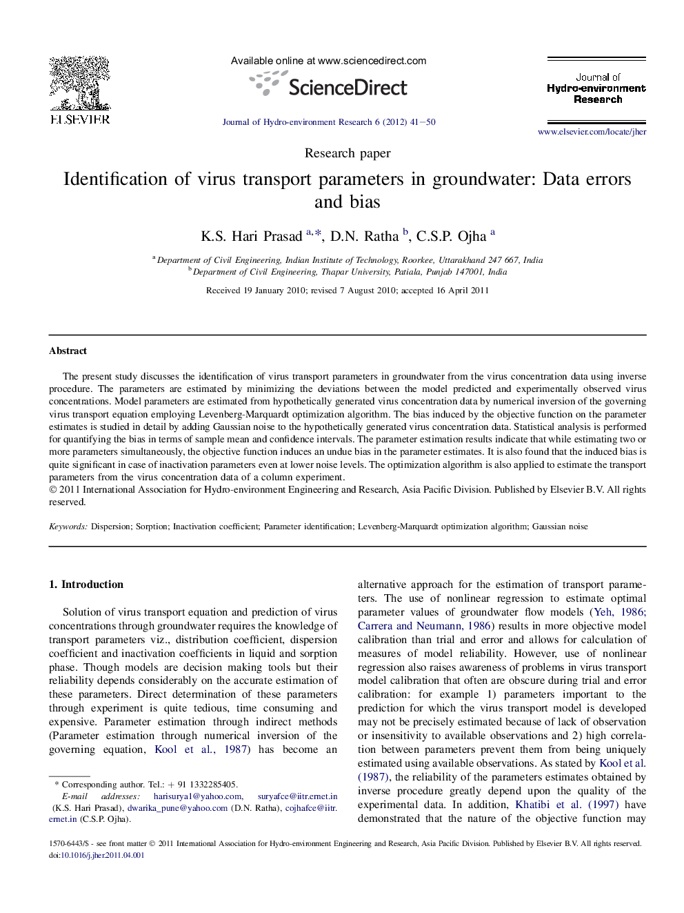 Identification of virus transport parameters in groundwater: Data errors and bias