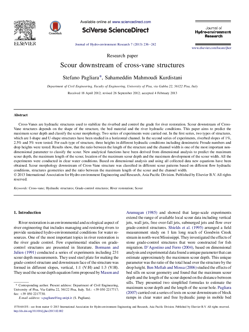 Scour downstream of cross-vane structures