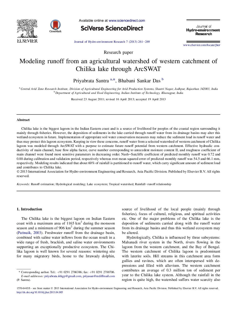 Modeling runoff from an agricultural watershed of western catchment of Chilika lake through ArcSWAT