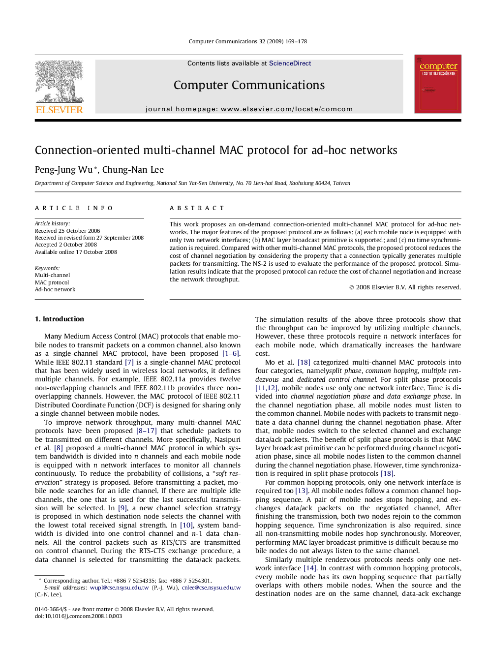 Connection-oriented multi-channel MAC protocol for ad-hoc networks