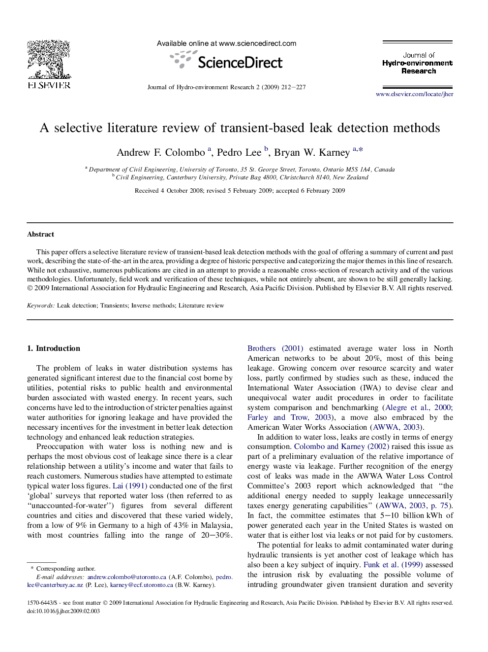 A selective literature review of transient-based leak detection methods