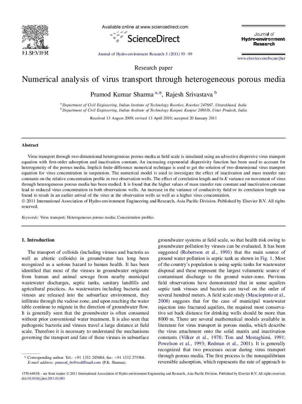 Numerical analysis of virus transport through heterogeneous porous media