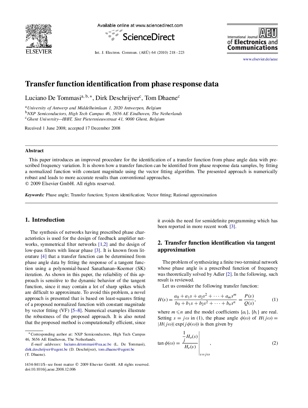 Transfer function identification from phase response data