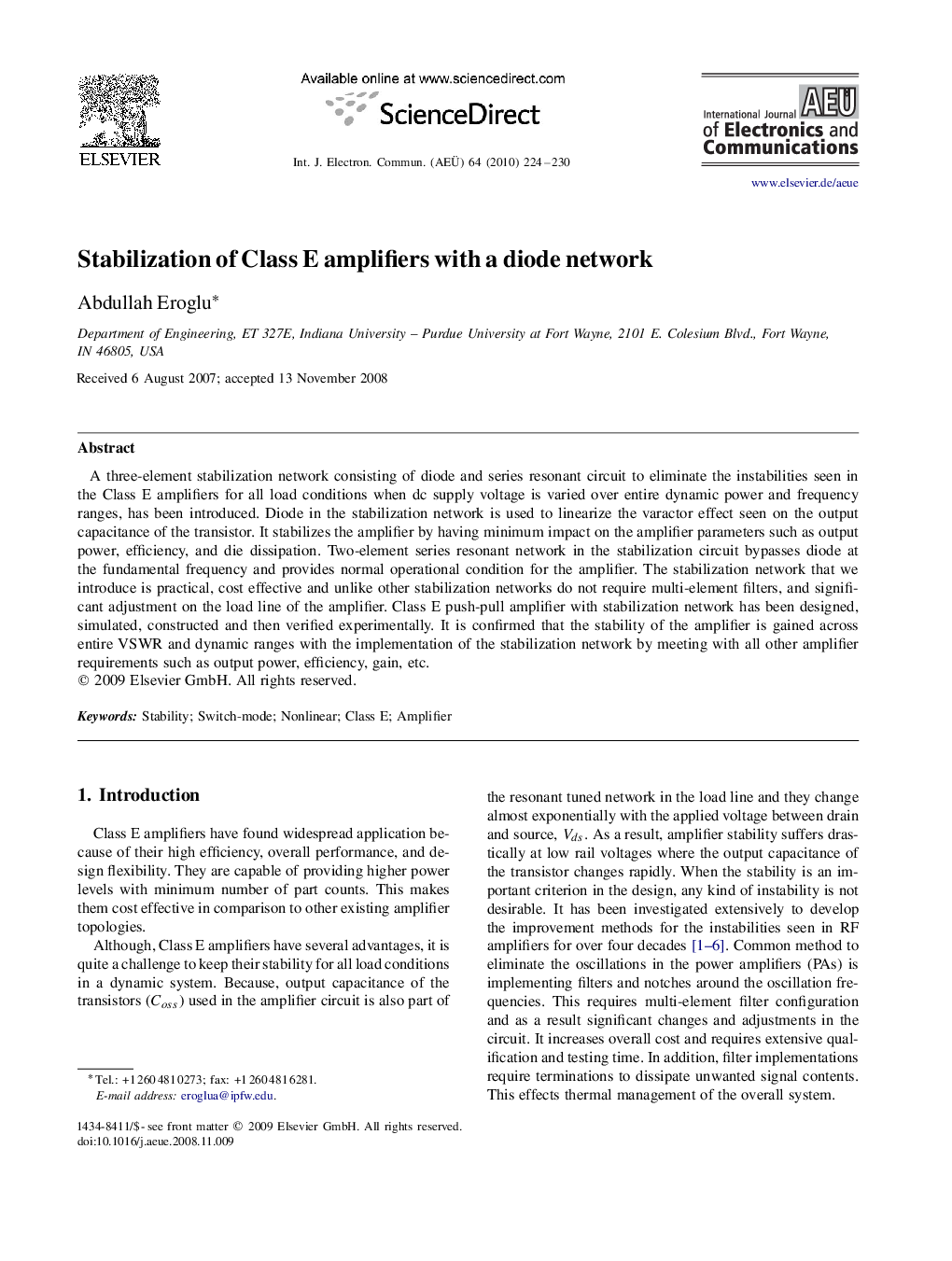 Stabilization of Class E amplifiers with a diode network