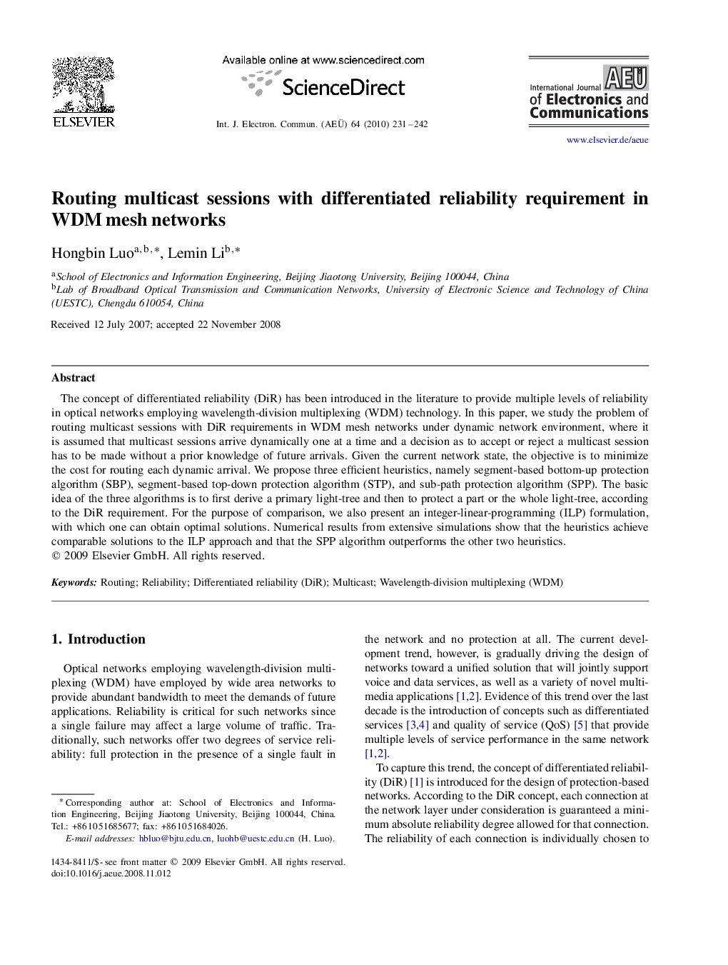 Routing multicast sessions with differentiated reliability requirement in WDM mesh networks