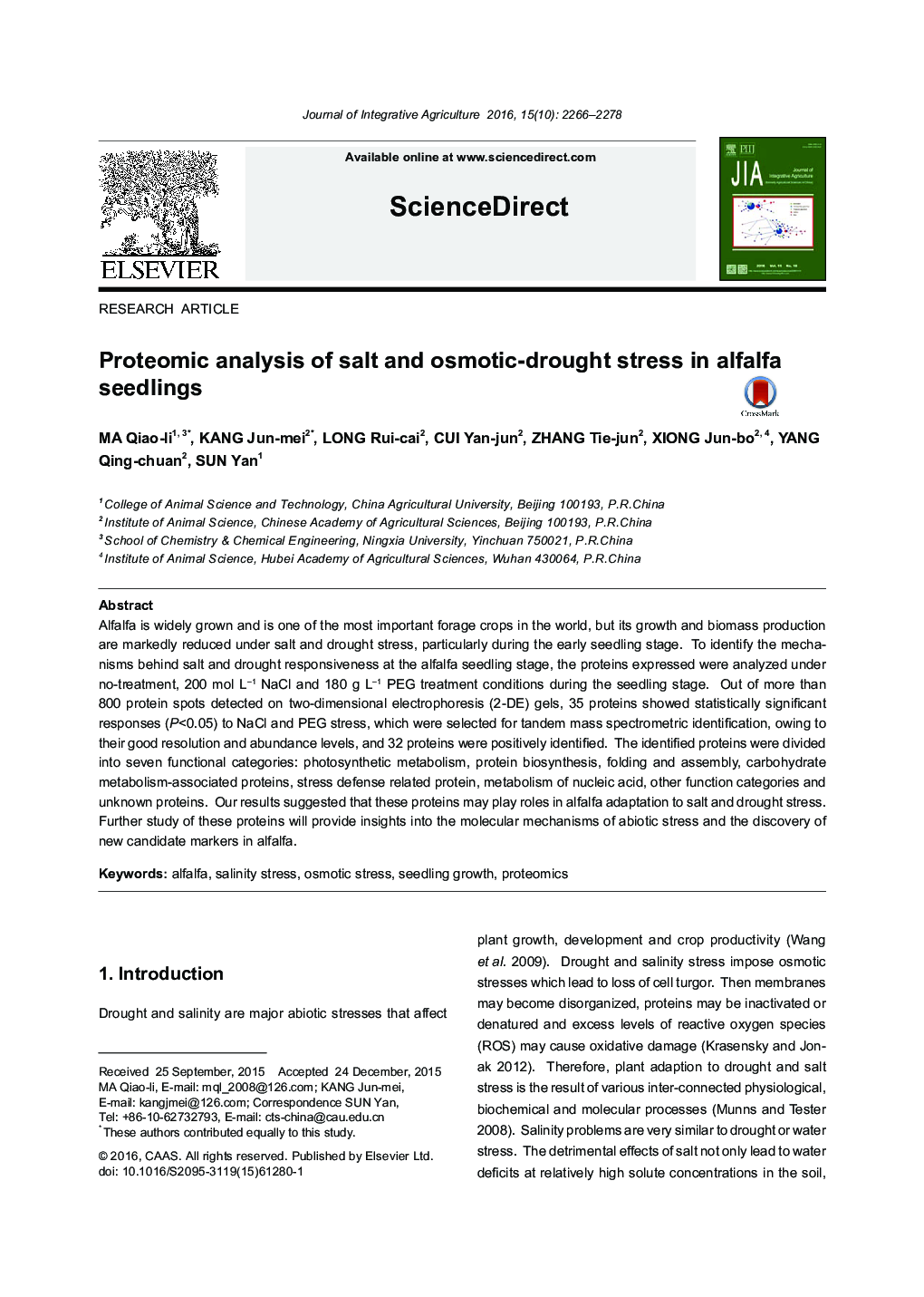 Proteomic analysis of salt and osmotic-drought stress in alfalfa seedlings