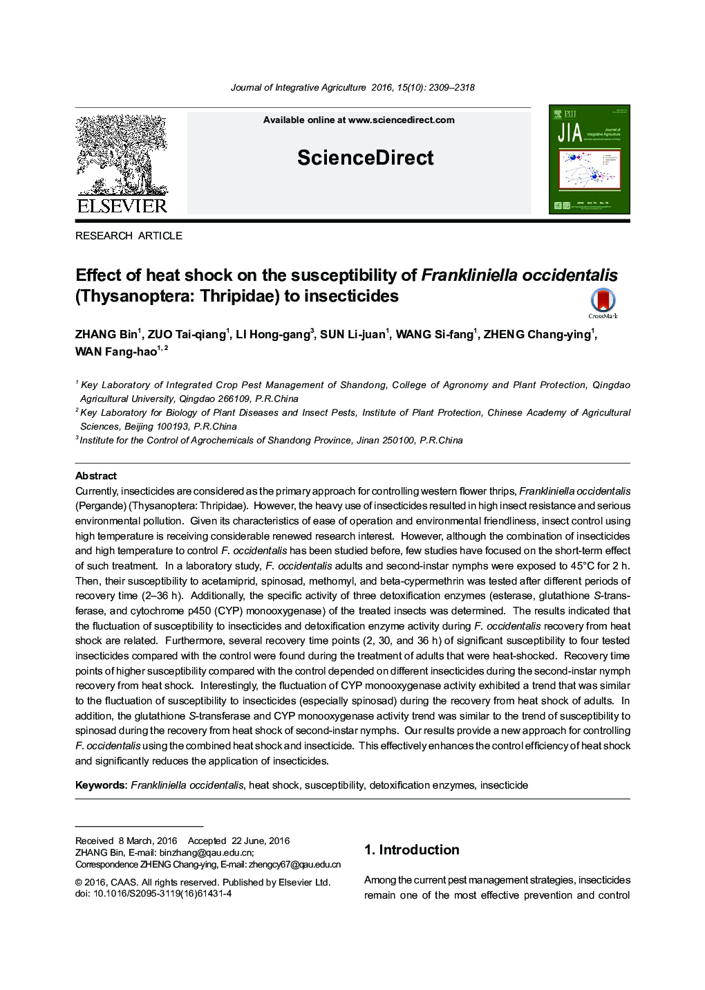 Effect of heat shock on the susceptibility of Frankliniella occidentalis (Thysanoptera: Thripidae) to insecticides