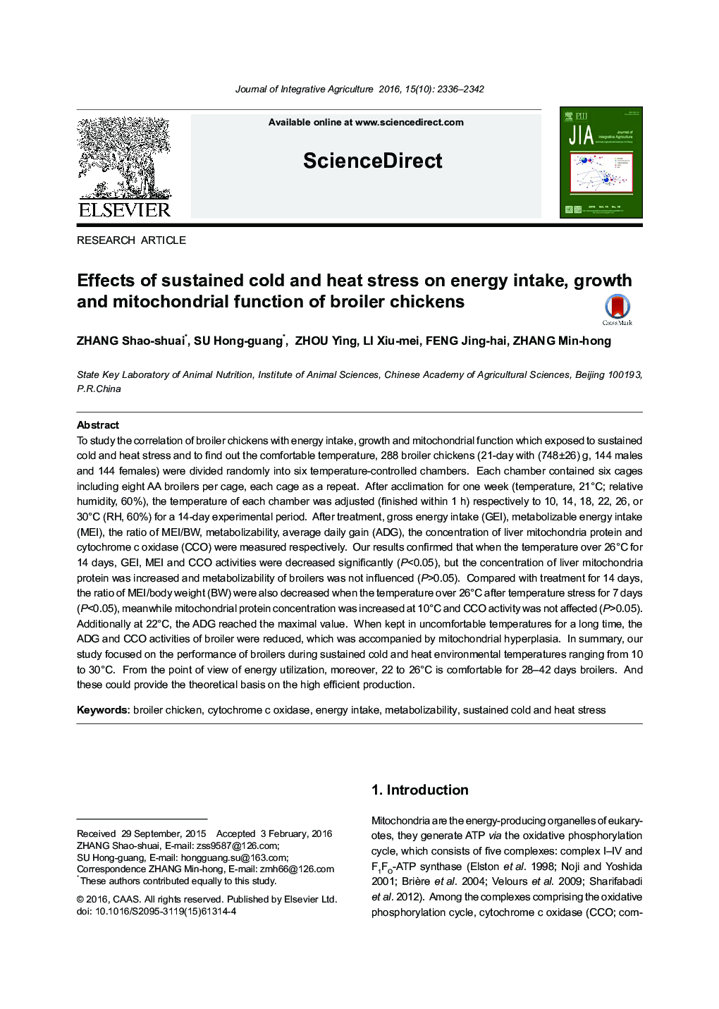 Effects of sustained cold and heat stress on energy intake, growth and mitochondrial function of broiler chickens