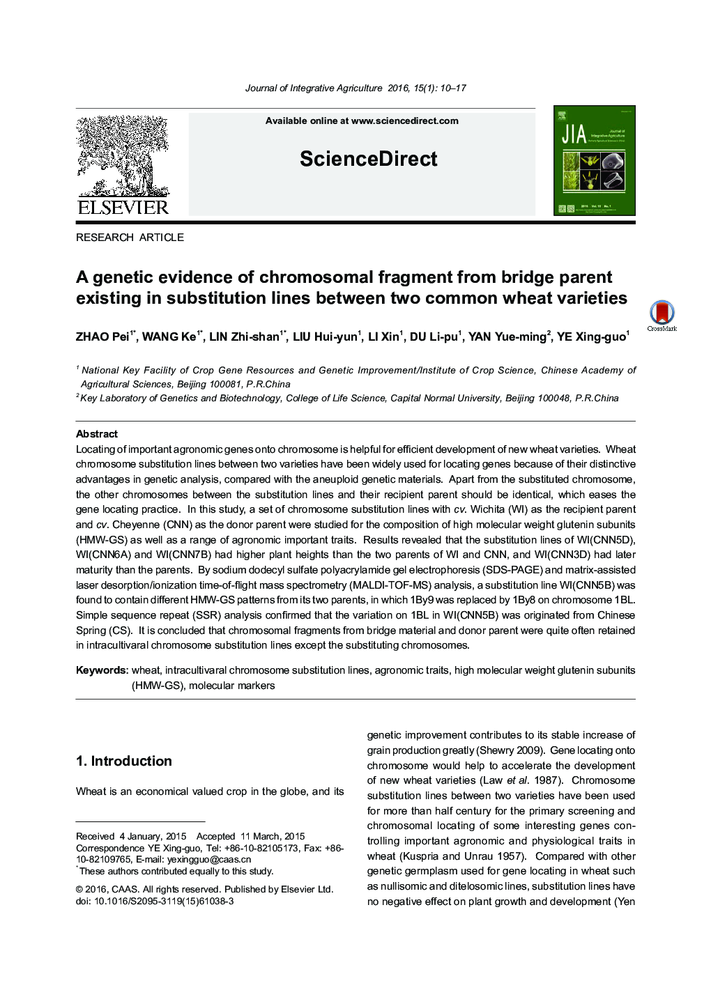 شواهد ژنتیکی از قطعه کروموزومی از والدین پل موجود در خط های جایگزینی بین دو نوع گندم معمولی 