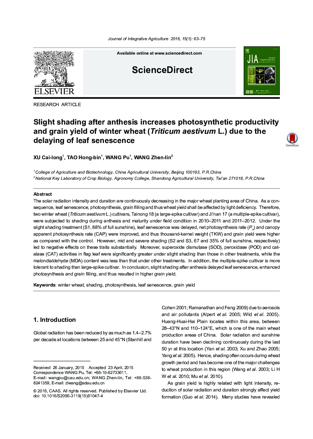 Slight shading after anthesis increases photosynthetic productivity and grain yield of winter wheat (Triticum aestivum L.) due to the delaying of leaf senescence