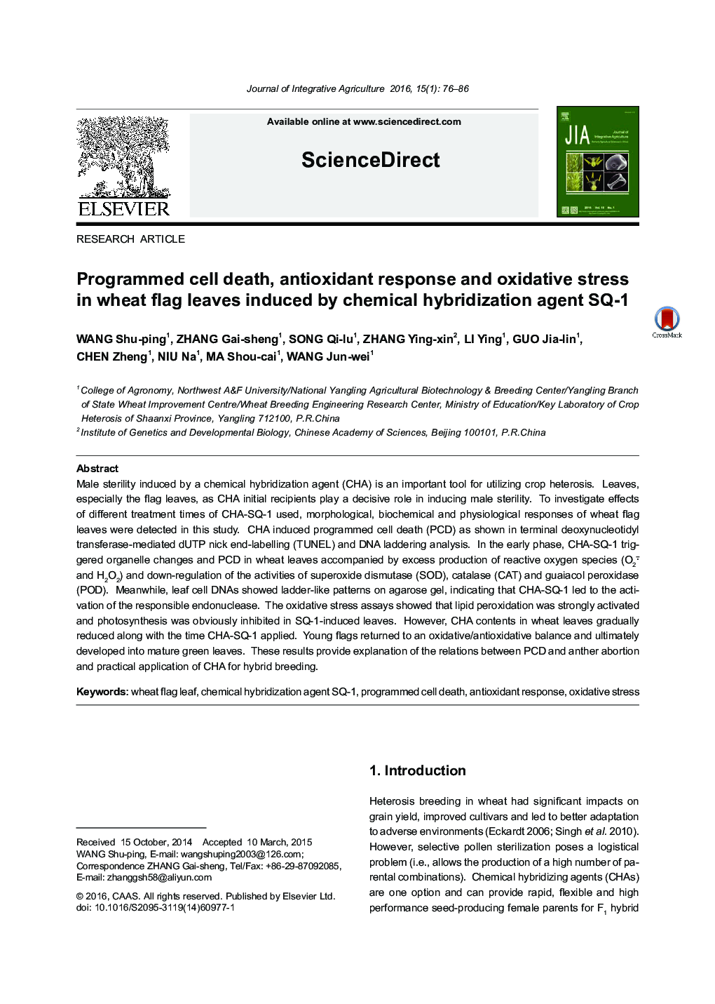 Programmed cell death, antioxidant response and oxidative stress in wheat flag leaves induced by chemical hybridization agent SQ-1