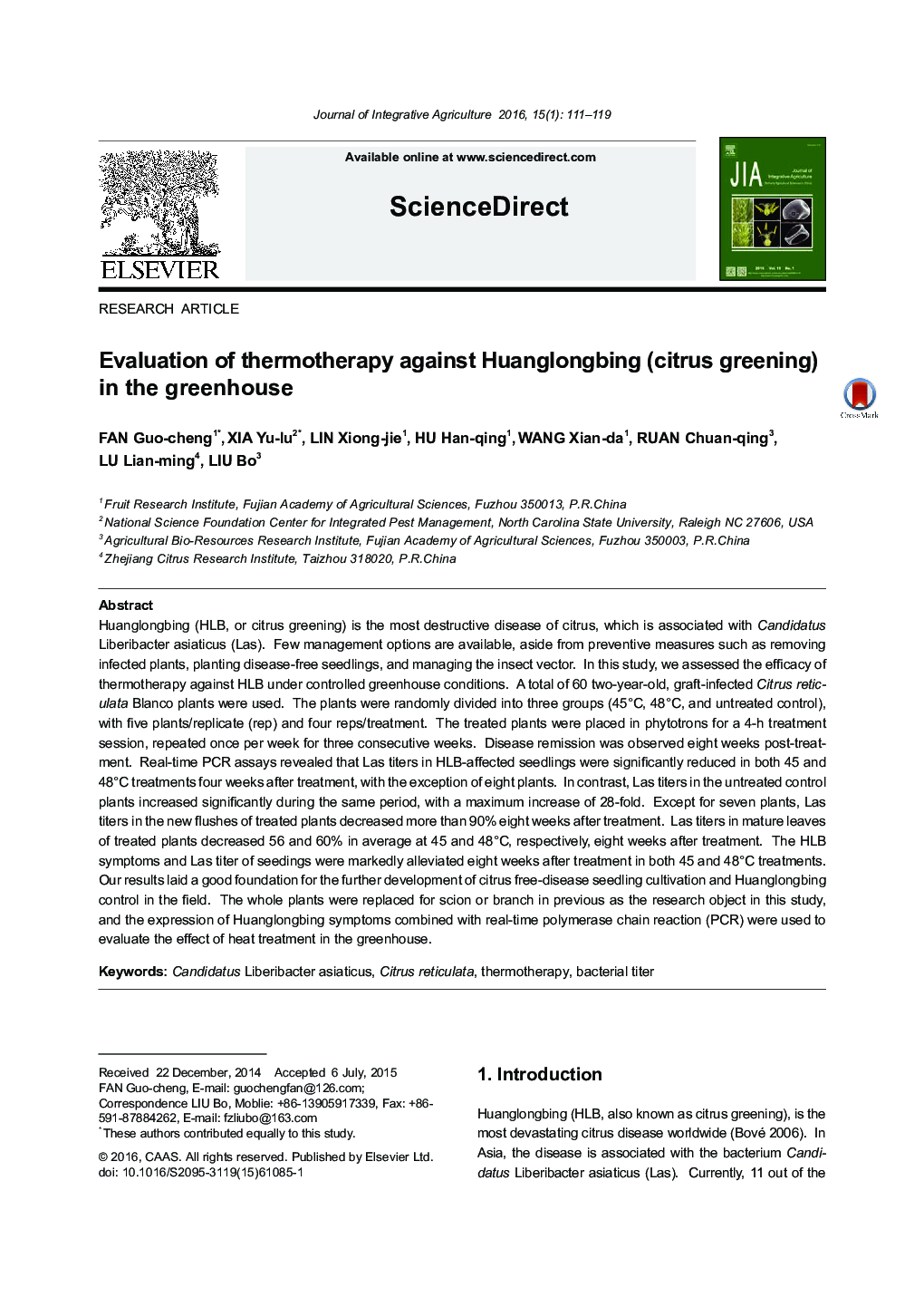 Evaluation of thermotherapy against Huanglongbing (citrus greening) in the greenhouse