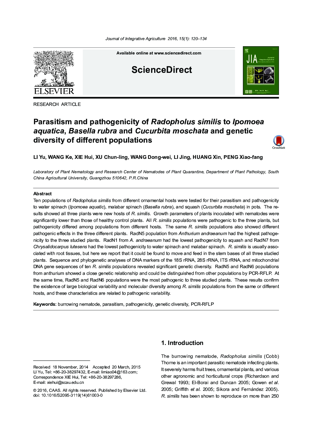 Parasitism and pathogenicity of Radopholus similis to Ipomoea aquatica, Basella rubra and Cucurbita moschata and genetic diversity of different populations