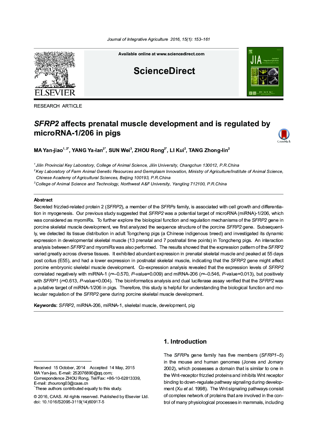 SFRP2 affects prenatal muscle development and is regulated by microRNA-1/206 in pigs