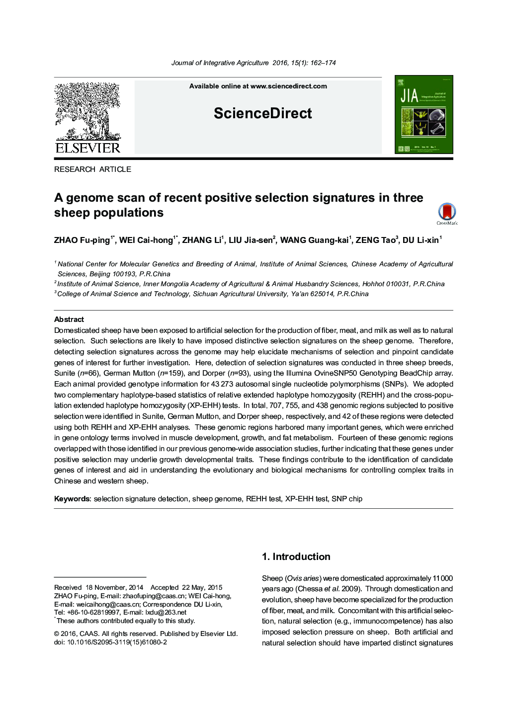 A genome scan of recent positive selection signatures in three sheep populations