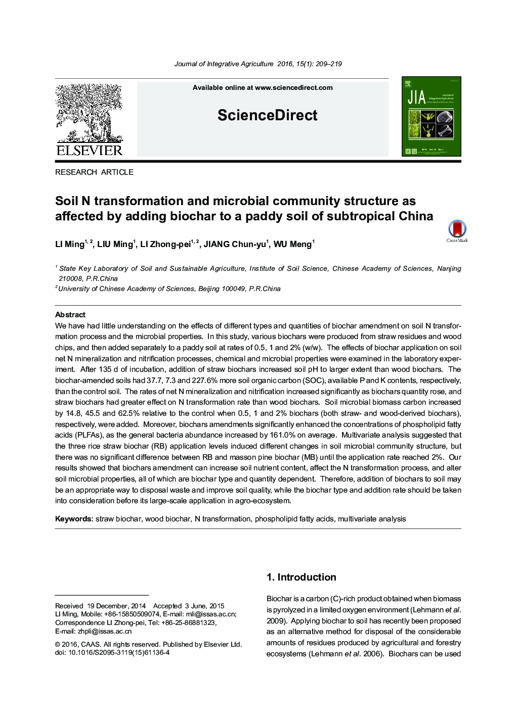 Soil N transformation and microbial community structure as affected by adding biochar to a paddy soil of subtropical China