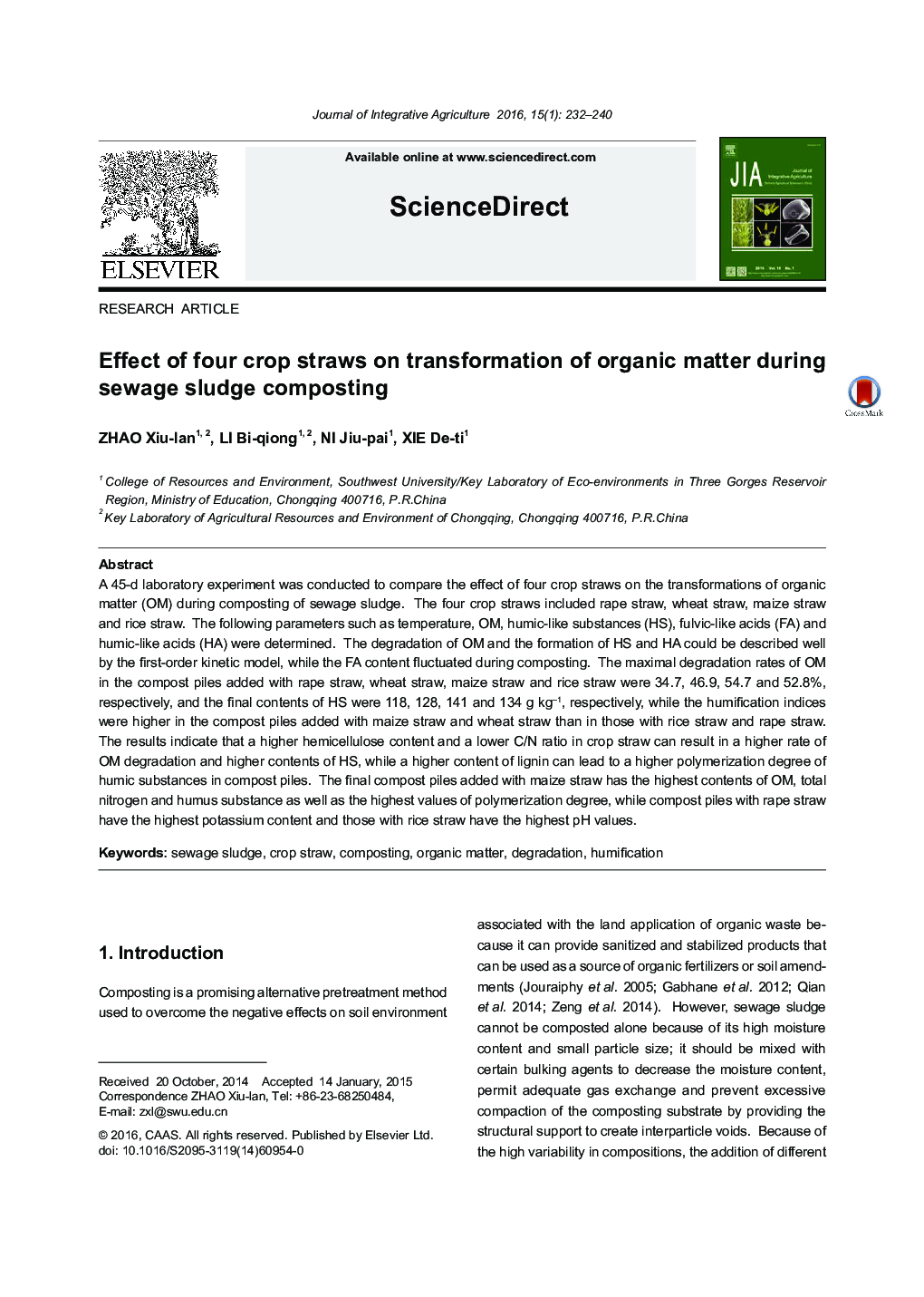 Effect of four crop straws on transformation of organic matter during sewage sludge composting