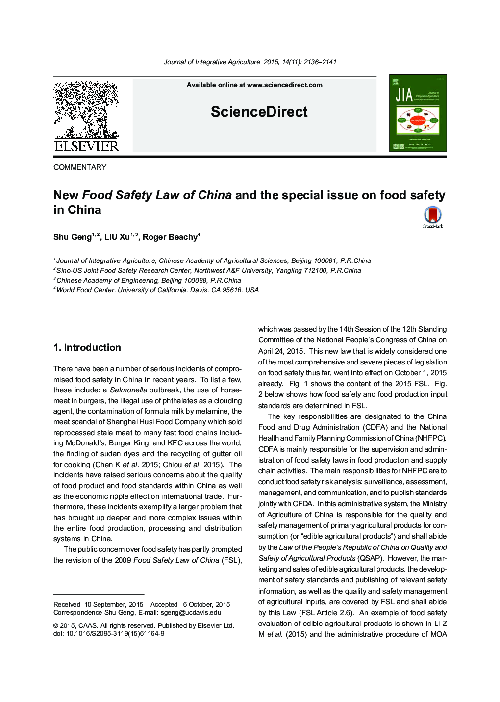 New Food Safety Law of China and the special issue on food safety in China