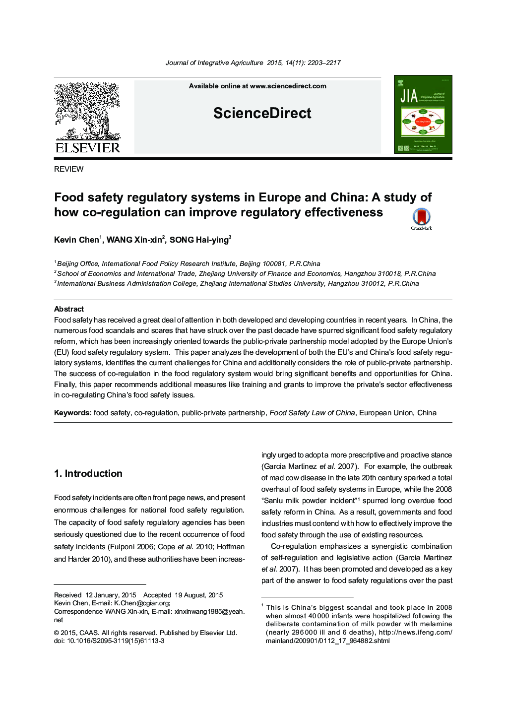 Food safety regulatory systems in Europe and China: A study of how co-regulation can improve regulatory effectiveness