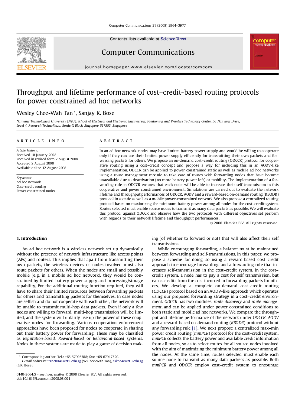 Throughput and lifetime performance of cost–credit-based routing protocols for power constrained ad hoc networks